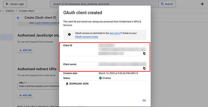 Copy the client ID and client secret Copy the client ID and client secret